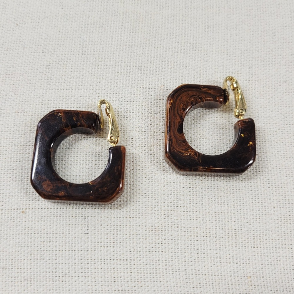 Vintage Bakelite Brown Clip-on Earrings Square Marbled 40s 50s Clip On‎